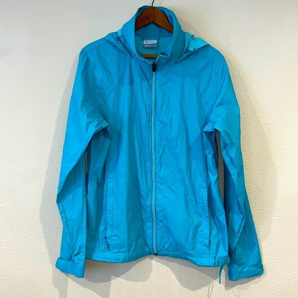Columbia Aqua Blue Waterproof Lightweight packable hooded zipper rain Jacket L - Picture 1 of 6